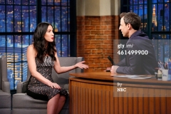 LATE NIGHT WITH SETH MEYERS -- Episode 0149 -- Pictured: (l-r) Actress Olivia Munn during an interview with host Seth Meyers on January 13, 2015 -- (Photo by: Lloyd Bishop/NBC/NBCU Photo Bank)