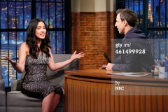 LATE NIGHT WITH SETH MEYERS -- Episode 0149 -- Pictured: (l-r) Actress Olivia Munn during an interview with host Seth Meyers on January 13, 2015 -- (Photo by: Lloyd Bishop/NBC/NBCU Photo Bank)