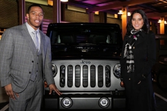 FORT BELVOIR, VA - FEBRUARY 6: Superbowl champion Baltimore Raven Ray Rice (L) and actress Olivia Munn pose for a picture with the Jeep Wrangler Freedom Edition at the launch event for Jeep Operation Safe Return at the USO Warrior & Family Center on February 6, 2013 in Fort Belvoir, VA. (Photo by Brendan Hoffman/Getty Images for Jeep)