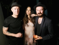 LOS ANGELES, CA - NOVEMBER 15:  (L-R) Herring & Herring Co-Founder Jesper Carlsen, Olivia Munn and Herring & Herring Co-Founder Dimitri Scheblanov attend the Herring & Herring Issue 5 Launch Party sponsored by Absolut Elyx on November 15, 2018 in Los Angeles, California.  (Photo by Gabriel Olsen/Getty Images for Herring & Herring and Absolut Elyx)