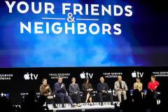 SANTA MONICA, CALIFORNIA - FEBRUARY 03: (L-R) Creator/showrunner/director/executive producer Jonathan Tropper,  Jon Hamm, Amanda Peet, Olivia Munn, Hoon Lee, Mark Tallman, Aimee Carrero and James Marsden from the second season of Apple's series ?Your Friends & Neighbors,? at the Apple TV Press Day at the Barker Hangar on February 03, 2026 in Santa Monica, California. The star-studded event highlighted a stellar lineup of original series and films coming to Apple TV in 2026. (Photo by JC Olivera/Apple TV via Getty Images)