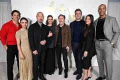 SANTA MONICA, CALIFORNIA - FEBRUARY 03: (L-R) James Marsden, Aimee Carrero, Hoon Lee, Amanda Peet, creator/showrunner/director/executive producer Jonathan Tropper,  Jon Hamm, Olivia Munn and Mark Tallman, from the second season of Apple's series ?Your Friends & Neighbors,? at the Apple TV Press Day at the Barker Hangar on February 03, 2026 in Santa Monica, California. The star-studded event highlighted a stellar lineup of original series and films coming to Apple TV in 2026. (Photo by Dan Steinberg/Apple TV via Getty Images)