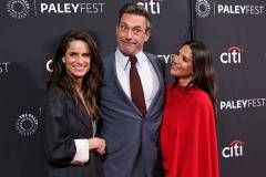HOLLYWOOD, CALIFORNIA - APRIL 11: (L-R) Amanda Peet, Jon Hamm and Olivia Munn attend Apple TV's "Your Friends and Neighbors" during 2026 PaleyFest LA at Dolby Theatre on April 11, 2026 in Hollywood, California.  (Photo by Kevin Winter/Getty Images)