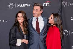 HOLLYWOOD, CALIFORNIA - APRIL 11: (L-R) Amanda Peet, Jon Hamm and Olivia Munn attend Apple TV's "Your Friends and Neighbors" during 2026 PaleyFest LA at Dolby Theatre on April 11, 2026 in Hollywood, California. (Photo by Julian Hamilton/WireImage)